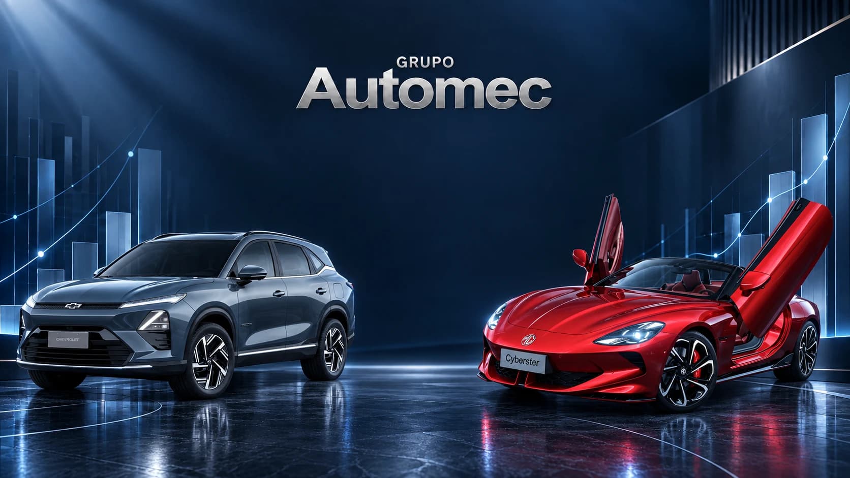 Capa do sistema de Gestão Financeira do Grupo Automec, com veículos e a marca do cliente