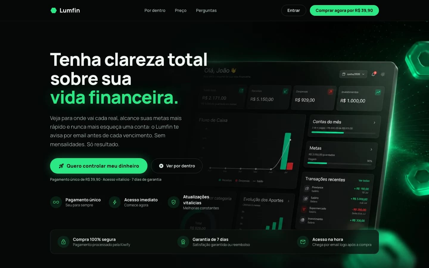 Página inicial de Lumfin, versão desktop