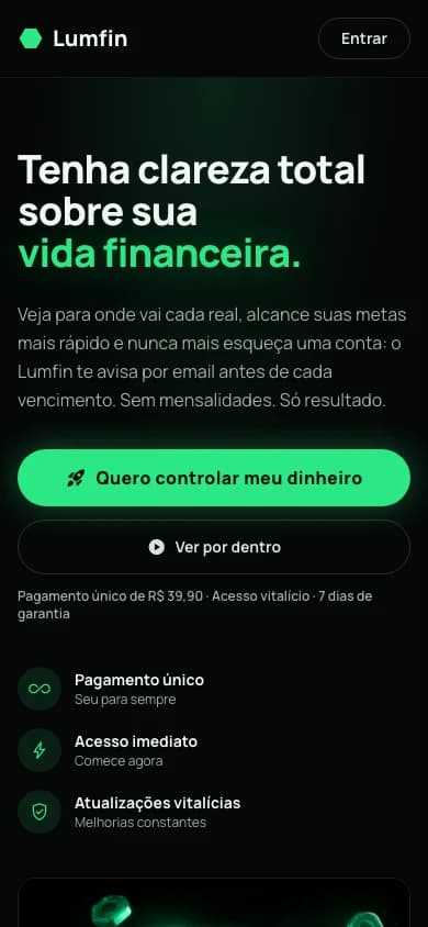 Página inicial de Lumfin, versão mobile
